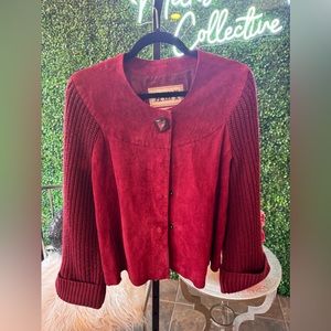 AMI Women's Merlot Leather and Knit Sleeve Snap Up Jacket